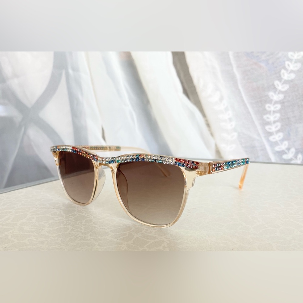 Crystal Rhinestone Embellished Beige Sunglasses - Women Accessories